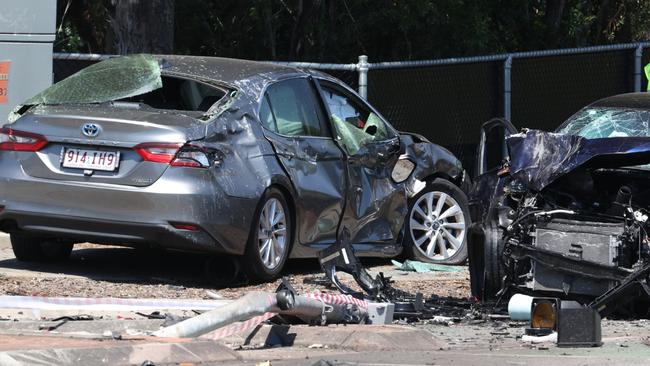 Scene of a fatal crash at the intersection of Castle Hill Drive and Dohles Rocks road at Murrumba Downs on Thursday. Picture Lachie Millard