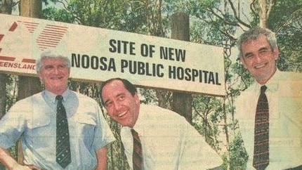 Former Premier Rob Borbidge, breaks the first sod for the Noosa Hospital alongside Member for Noosa Bruce Davidson, right, and Health Minister Mike Horan.