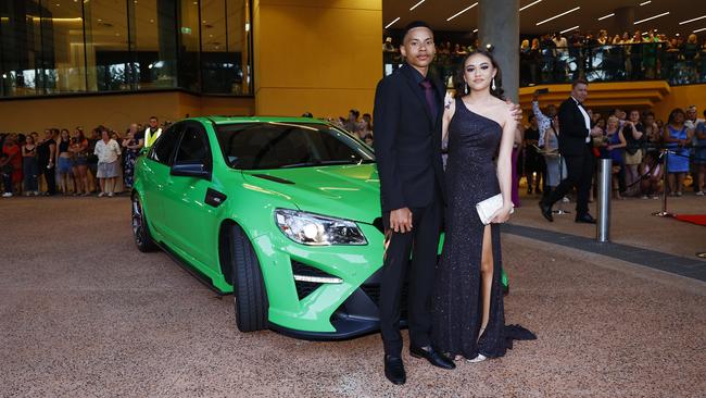 Mahtoa Sebasio and Mia Lee arrive at the Trinity Bay High School formal evening, held at the Cairns Convention Centre. Picture: Brendan Radke