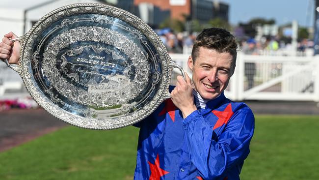 Harry Coffey after winning the Sportsbet Oakleigh Plate aboard Queman. Picture: Reg Ryan