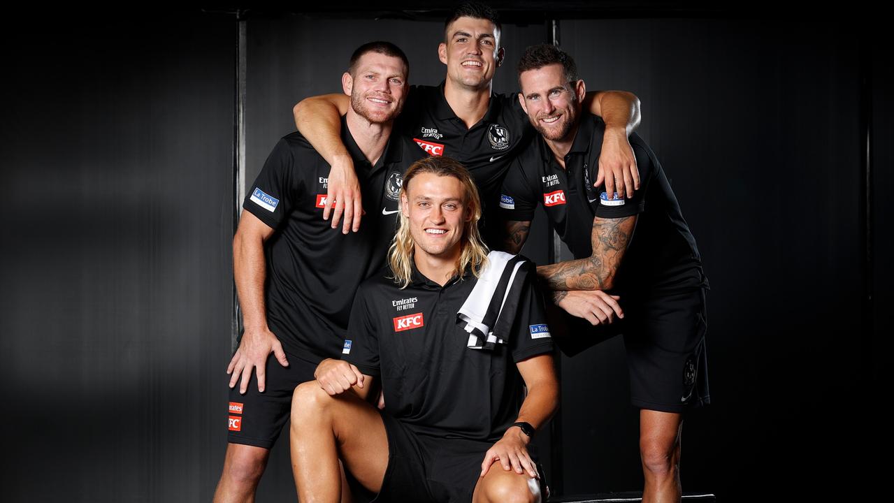 (L-R) Leadership Group: Taylor Adams, Brayden Maynard and Jeremy Howe are seen with new Captain Darcy Moore at Collingwood’s captaincy announcement. (Photo by Michael Willson/AFL Photos via Getty Images)