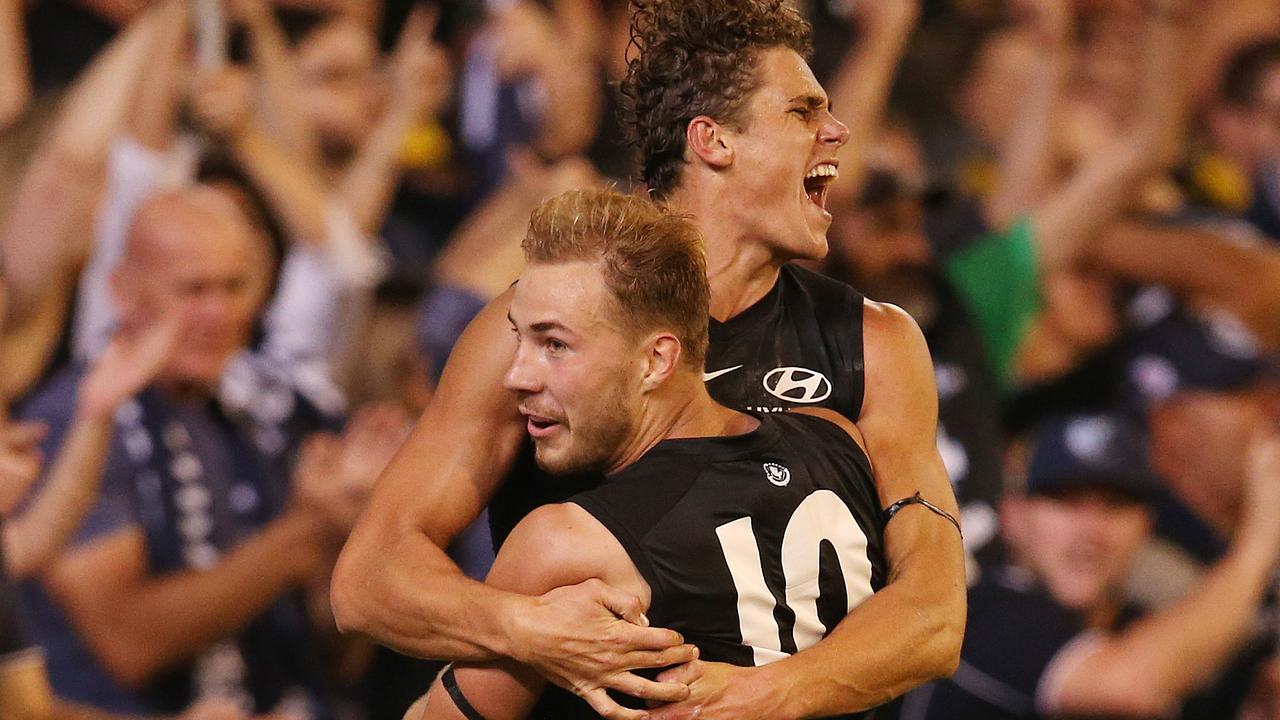 Charlie Curnow celebrates with Harry McKay. Pic: Michael Klein