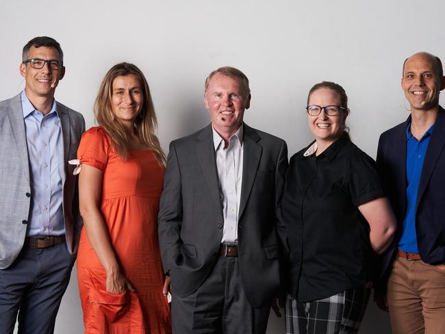 John Culton, Flavia Tata Nardini, Andy Thomas, Katie Hulmes and Matthew Tetlow pose for a picture at University of Adelaide, during the space forum, Thursday, Feb. 6, 2020. Picture: MATT LOXTON