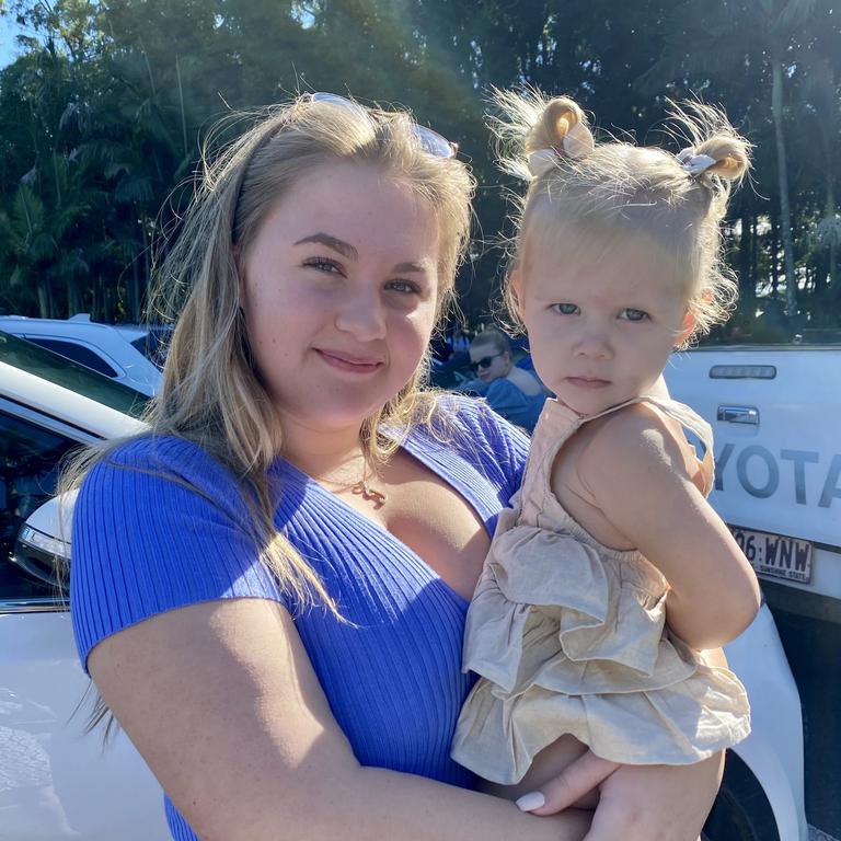 Taylah Jones and Georgia Willcox, 2, are celebrating Bindi's baby news at Australia Zoo on Saturday.