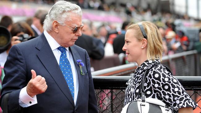 Clare Lindop with Bart Cummings in 2008. Lindop would ride Moatize in the Melbourne Cup for the Cups King.