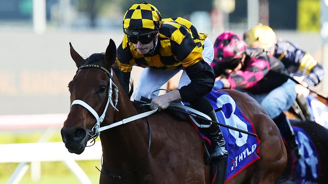 SYDNEY, AUSTRALIA - AUGUST 24: James McDonald riding Joliestar wins Race 7 Hyland Race Colours Show County Quality during Winx Stakes Day - Sydney Racing at Royal Randwick Racecourse on August 24, 2024 in Sydney, Australia. (Photo by Jeremy Ng/Getty Images)