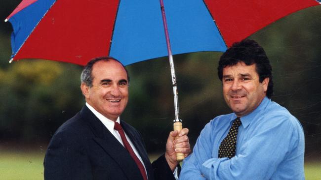 Adelaide City football chairman Fred Lenzi with national soccer league coach and club legend John Perin in 1996.