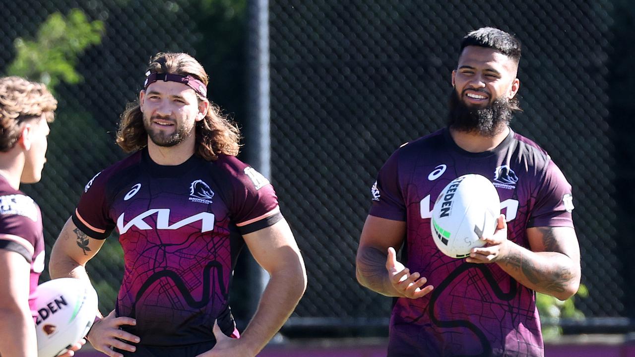 Pat Carrigan and Payne Haas are the two stars in Brisbane’s forward pack. Picture: Liam Kidston