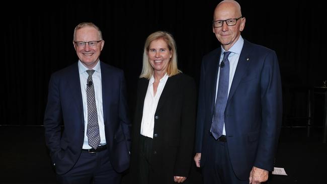 Former RBA governor Phil Lowe, Nikki Thomas from Magellan Group, and Wilson Asset Management chief Geoff Wilson. Picture: John Feder