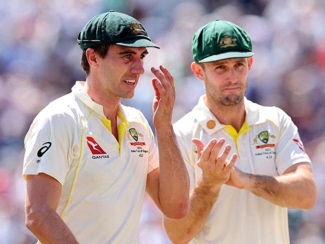 LEEDS, ENGLAND - JULY 07: Australia captain Pat Cummins and Mitchell Marsh leave the field at the end of England first innings during Day Two of the LV= Insurance Ashes 3rd Test Match between England and Australia at Headingley on July 07, 2023 in Leeds, England. (Photo by Jan Kruger/Getty Images)