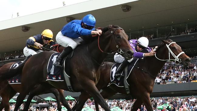 SYDNEY, AUSTRALIA - MARCH 22: James Mcdonald riding Broadsiding win Race 6 Sky Racing Rosehill Guineas during the "TAB Golden Slipper" - Sydney Racing at Rosehill Gardens on March 22, 2025 in Sydney, Australia. (Photo by Jeremy Ng/Getty Images)