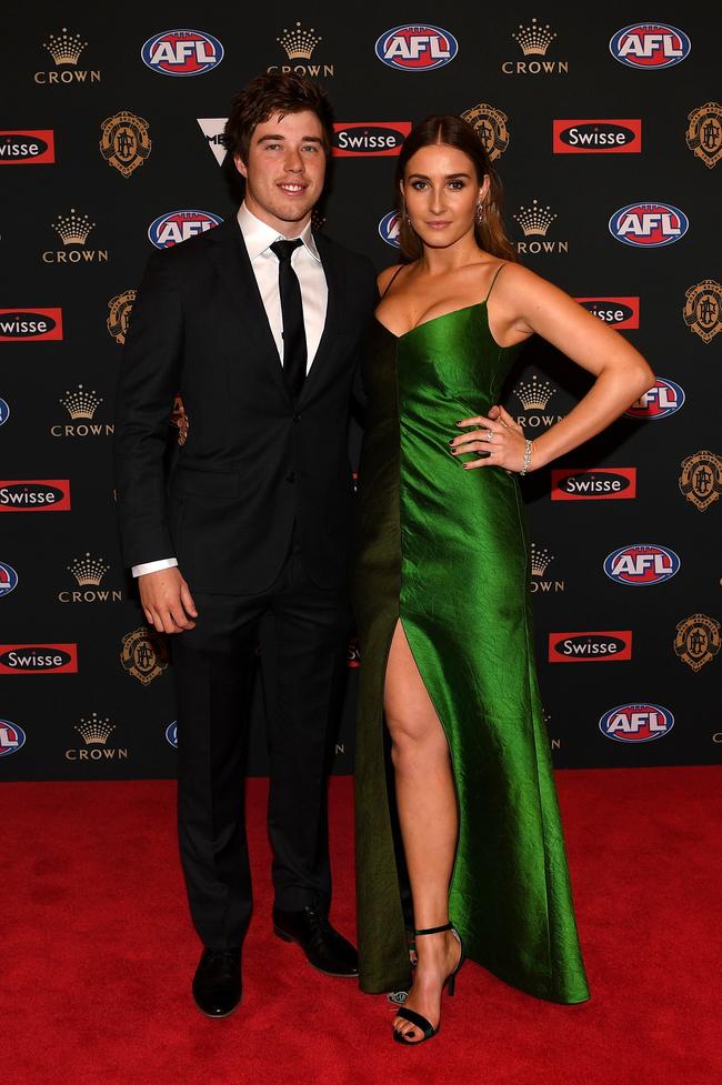 Zach Merrett of Essendon and partner Alexandra Bourne. Picture: Getty