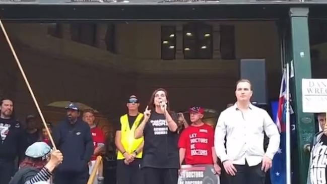 Catherine Cumming at Flinders Street Station where she was filmed making what appeared to be threatening comments about Victorian Premier Dan Andrews.