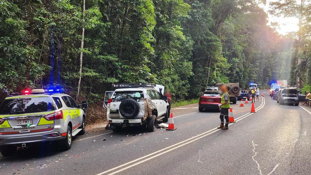 A truck coming down the Kuranda Range road has crashed into ten stationary vehicles stopped at road works near Rainforestation. Picture: Queensland Ambulance Service