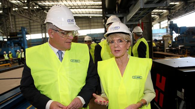 Former Liberal deputy leader Julie Bishop speaks to Prime Minister Scott Morrison during a visit to Civmec Defence Industry, in Perth. Picture: AAP