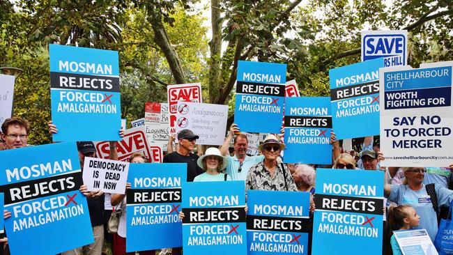 Mosman delegates at the Save Our Councils Coalition “Local Democracy — Not Dictatorship” anti-amalgamations rally in Sydney in March. Picture: Braden Fastier