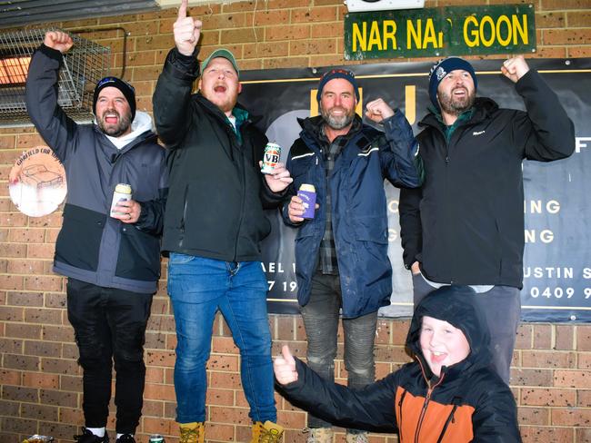 West Gippsland league grand final match 2024 — Phillip Island Bulldogs V Nar Nar Goon "The Goon" Football Club at Garfield Recreation Reserve on September 14, 2024: Ben Rotheram, Paul Tremewen, Steve Clapp, Ben Hanson and Ollie. Picture: Jack Colantuono