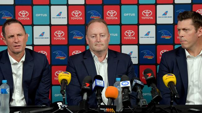 Don Pyke, Crows chairman Rob Chapman and Crows CEO Andrew Fagan speaking after Pyke stepped down in the midst of the Adelaide Crows end of season review. Picture: Mark Brake/Getty Images.