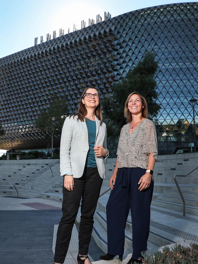 Business – Wednesday, 7th April, 2021 – Melissa Mcbrunie from Brandon Capital and Yvette van Eenennaam, Adelaide Biomed City general manager in front of the SAHMRI building. Picture: Sarah Reed