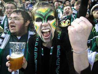 Portland Timbers fan Jode Levinson, of Portland, shouts before an MLS soccer match between the Chicago Fire and the Timbers ...