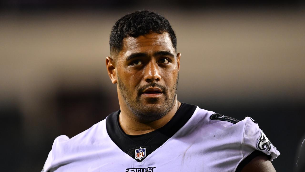 Philadelphia Eagles offensive tackle Jordan Mailata (68) reacts walking off  the field against the New York