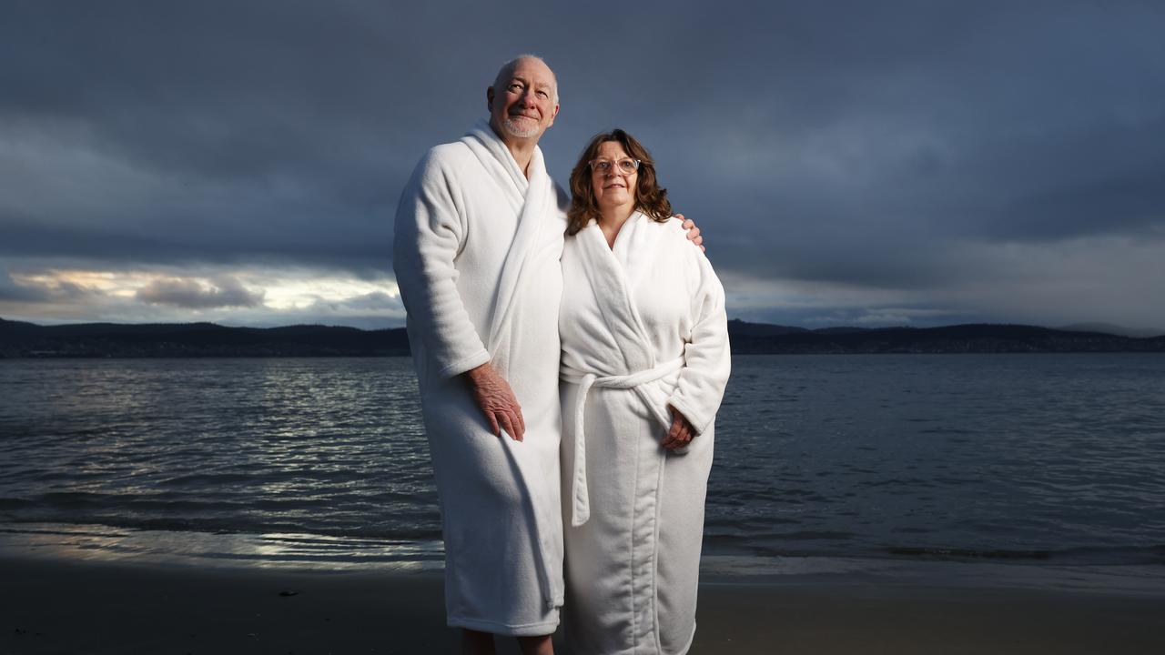 Dennis and Dianne Donaldson married couple from Brisbane who keep returning to Hobart to take part in the swim. Dark Mofo Nude Solstice Swim 2024 at Long Beach Sandy Bay. Picture: Nikki Davis-Jones