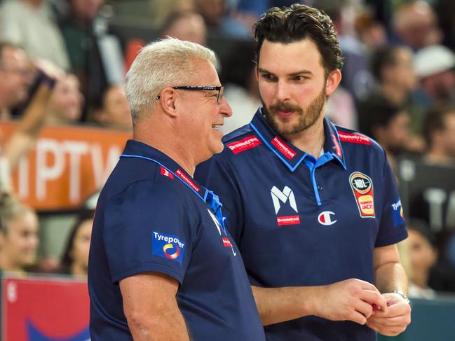 HOBART, AUSTRALIA - JANUARY 19: United coach Dean Vickerman and assistant Jacob Chance are seen ahead of the round 16 NBL match between Tasmania Jackjumpers and Melbourne United at MyState Bank Arena, on January 19, 2024, in Hobart, Australia. (Photo by Simon Sturzaker/Getty Images)