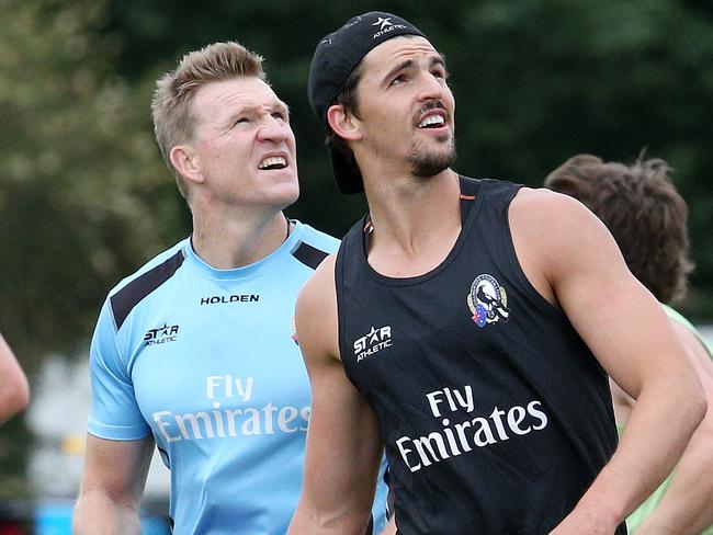 Collingwood training at Olympic park,     29th November , Melbourne Australia,      Collingwood coach Nathan Buckley and  Pendlebury during training.Pic by George Salpigtidis.