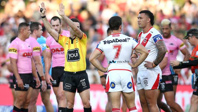 Jaydn Su’A was sent to the sin bin for a hit on Panthers halfback Sean O’Sullivan. Picture: Jason McCawley/Getty Images