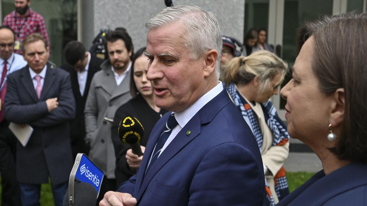 Michael McCormack and wife Catherine Shaw address the media at Parliament House in Canberra. Picture: NCA NewsWire / Martin Ollman