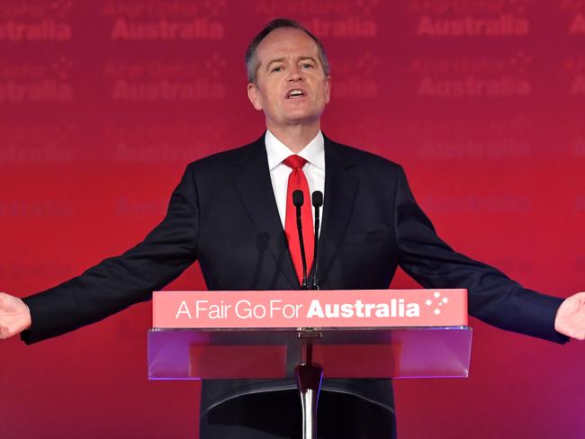 Australian Opposition Leader Bill Shorten is seen during his speech at the launch of Labor's federal election campaign at the Brisbane Convention and Exhibition Centre in Brisbane, Sunday, May 5, 2019. A Federal election will be held in Australia on Saturday, May 18, 2019 (AAP Image/Darren England) NO ARCHIVING