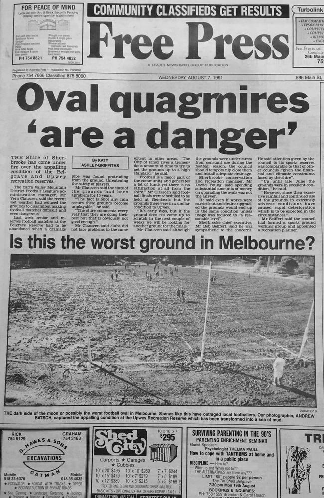 Andrew Batsch's 1991 front page photo of Upwey Tecoma's muddy ground.
