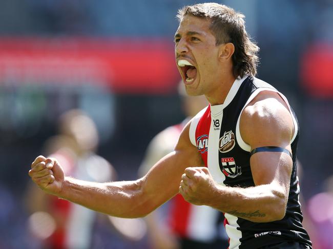 Territory Saint Ben Long celebrates a goal against the Gold Coast Suns in Round 1 this year. Long could play his first game in front of his home crowd in 2020 Pic: Michael Klein.