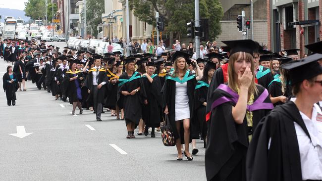 UTAS graduation, annual Town and Gown procession through Hobart's city centre from Domain House to the Federation Concert Hall.