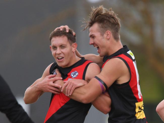 Football GFL: Bell Park v Newtown &amp; Chilwell . Newtown &amp; Chilwell 16 Charlie Harris kicks a goal and celebrates with 15 Lachlan Bond (right) Picture: Mark Wilson