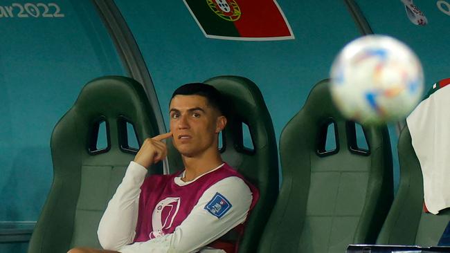 Cristiano Ronaldo watches on from the bench during Portugal’s clash with South Korea. Picture: AFP