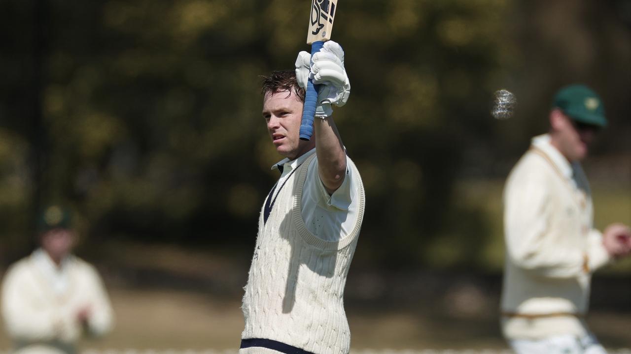 Marcus Harris of Victoria raises his bat after making a century during the Sheffield Shield match between Victoria and Tasmania at CitiPower Centre, on October 08, 2024, in Melbourne, Australia. (Photo by Daniel Pockett/Getty Images)