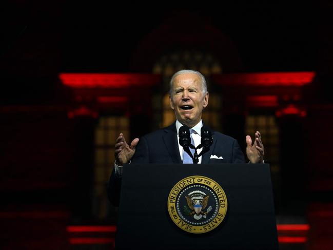 US President Joe Biden speaks calls Republican voters an assault on democracy, during a speech outside Independence National Historical Park. Picture: AFP