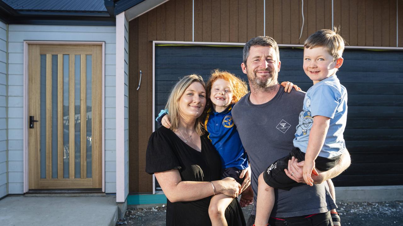 Rebecca and Tom Davies, with their kids Elsie and Bobby, are moving into Tuana Park Estate, a new 30-home subdivision in Pittsworth, Friday, November 1, 2024. Picture: Kevin Farmer