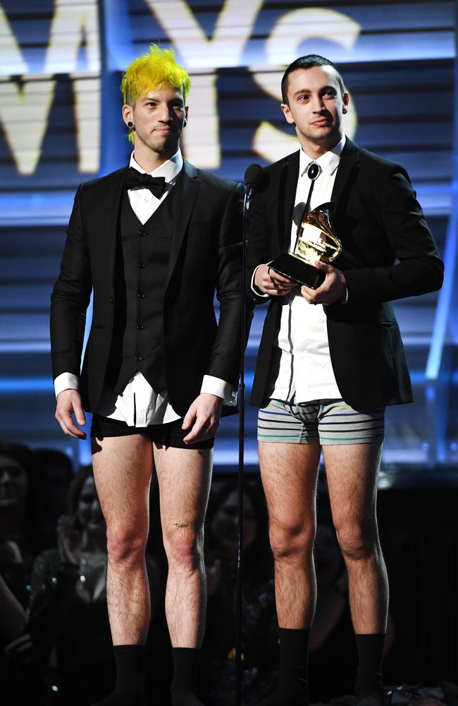 Josh Dun and Tyler Joseph of Twenty One Pilots, accept the award for Best Pop Duo/Group Performance, onstage during The 59th GRAMMY Awards at STAPLES Center on February 12, 2017 in Los Angeles, California. Picture: Getty