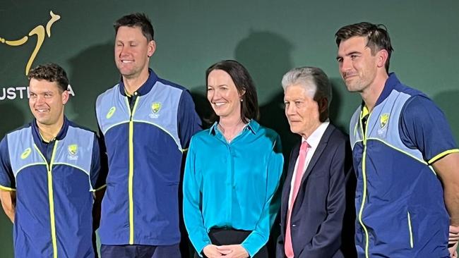 Alex Carey on the left, Beau Webster, Alison Mitchell, High Commissioner Stephen Smith, Pat Cummins at Australia House in London. Picture: Sophie Elsworth