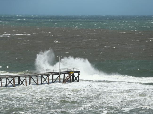 Noarlunga Jetty during the storm. Picture: Tait Schmaal.