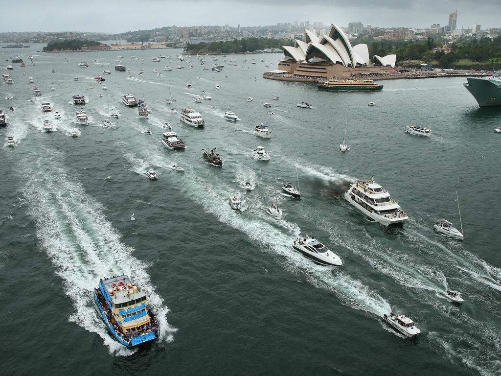 Pictured are ferrys racing during the annual Sydney Ferry Race on Sydney Harbour on Australia Day 2017. Picture: Richard Dobson