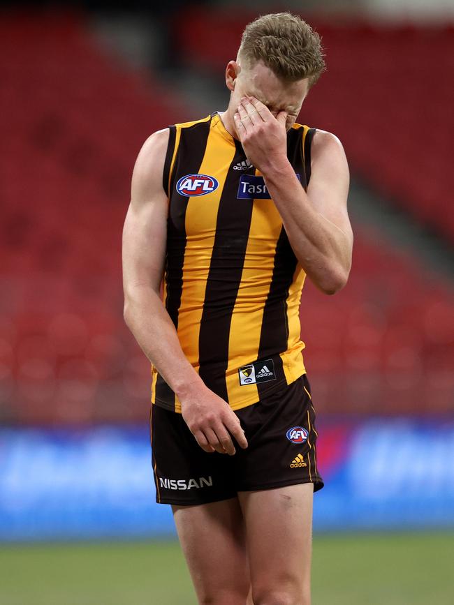 A dejected James Sicily laments Hawthorn’s heavy loss.