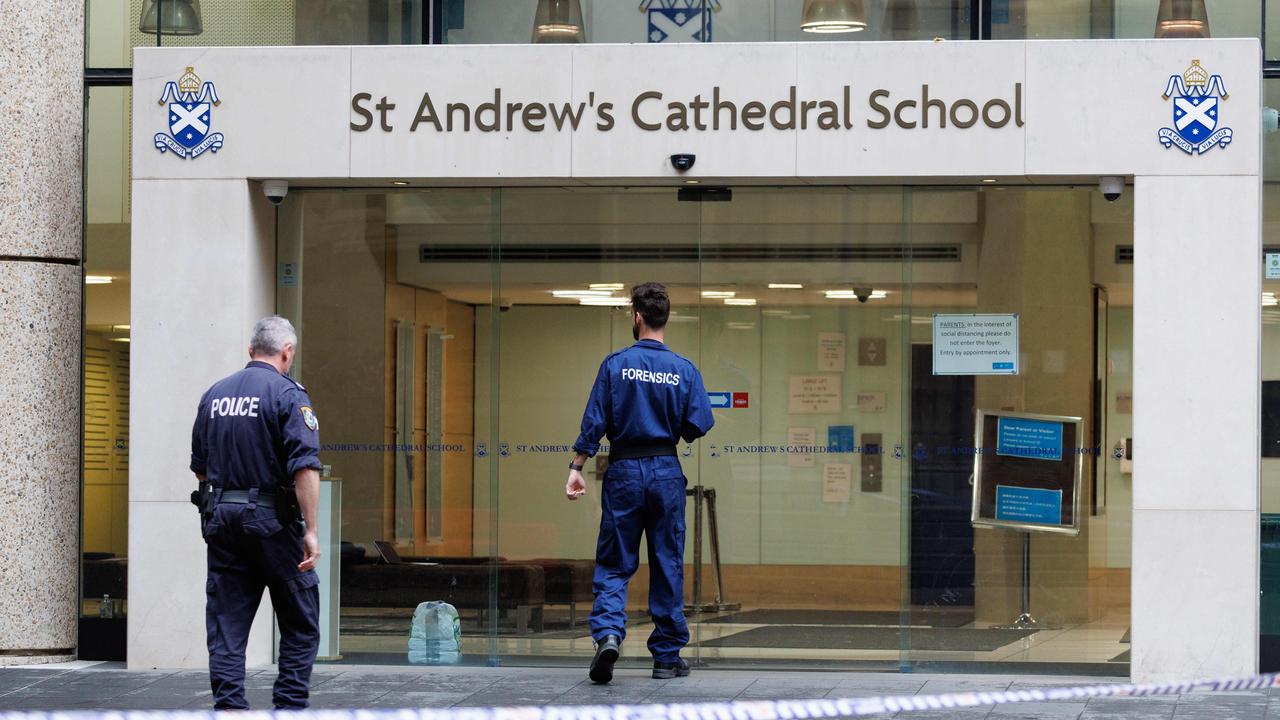 A body of a woman has been found in St Andrew’s Cathedral School Building next to Sydney Town Hall overnight. Picture: NCA NewsWire / David Swift