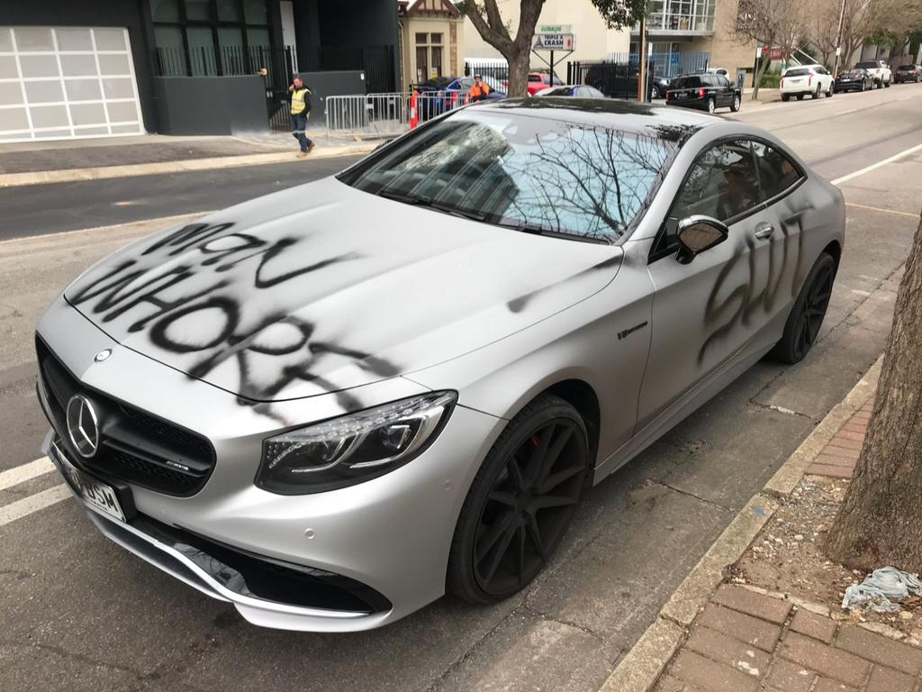 A defaced Mercedes S63 AMG coupe on King William St, near thecorner of Dequetteville Tce, Kent Town, on Friday, August 10, 2018.Pictures: Supplied