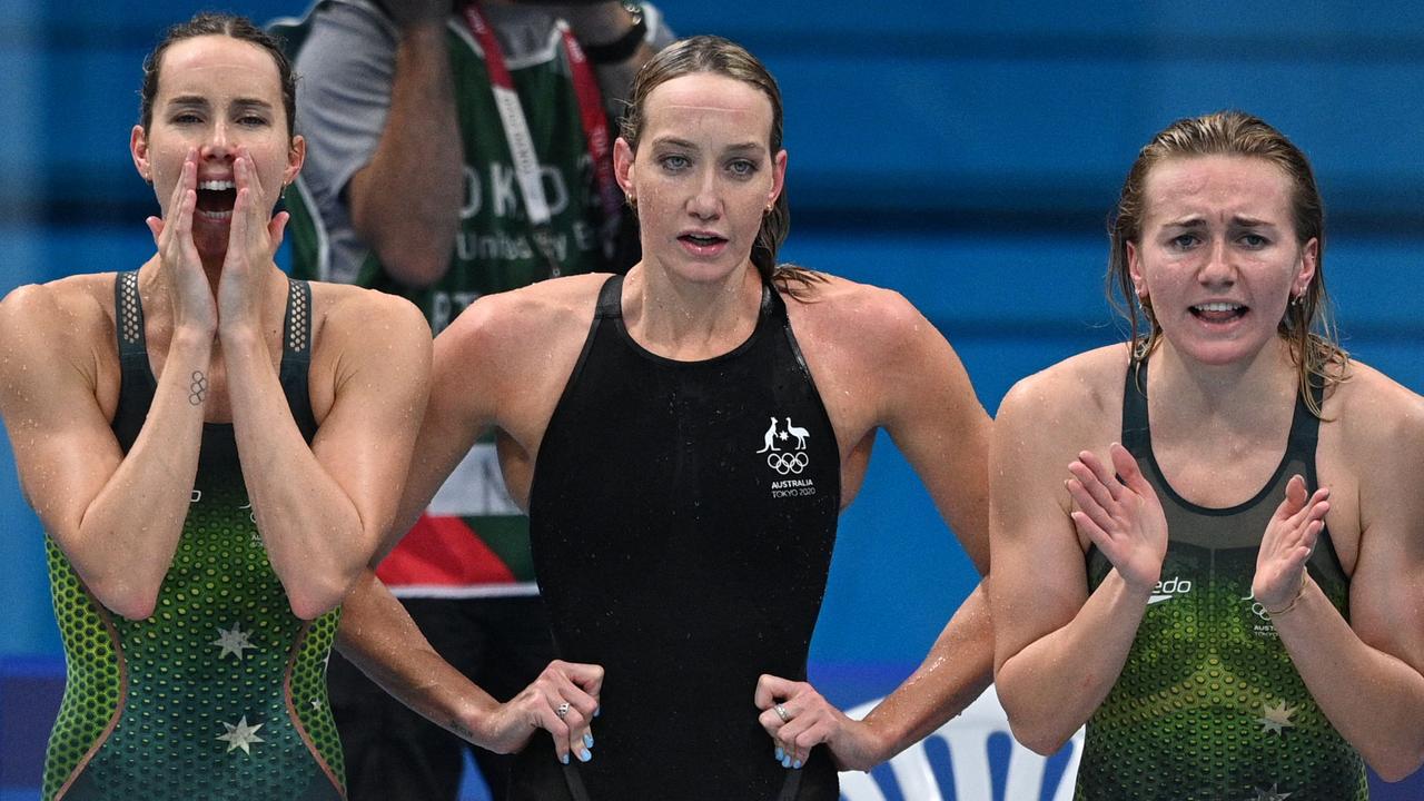 Emma McKeon, Madison Wilson and Ariarne Titmus during the 4x200m final. Picture: AFP