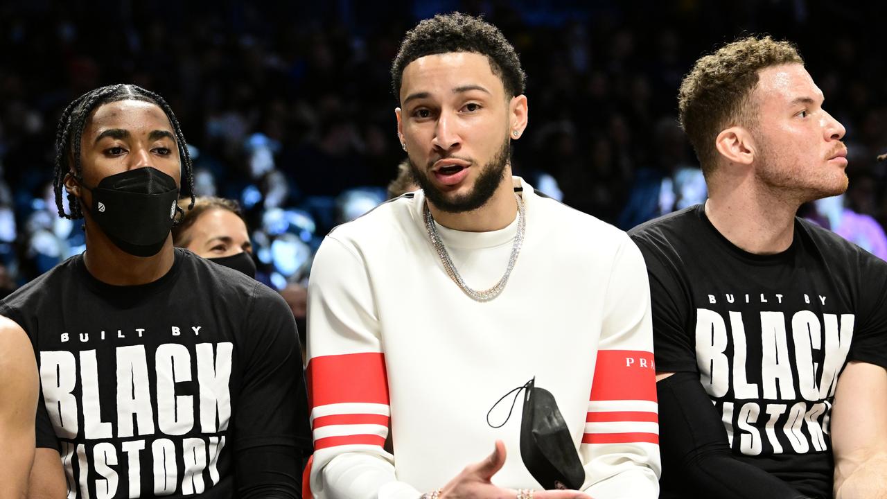 Ben Simmons of the Brooklyn Nets looks on from the bench during the first half against the Sacramento Kings at Barclays Center. (Photo by Steven Ryan/Getty Images)