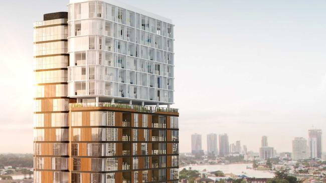 An artist’s impression of the 24-storey Chevron Island development to be built across from the arts and cultural precinct. Photo: Supplied