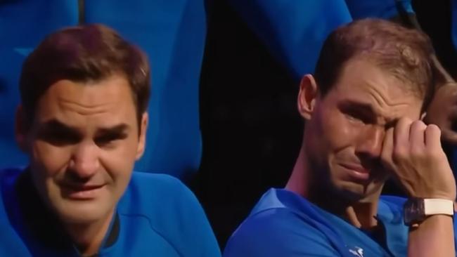 Roger Federer and Rafael Nadal after the Swiss star’s last match.